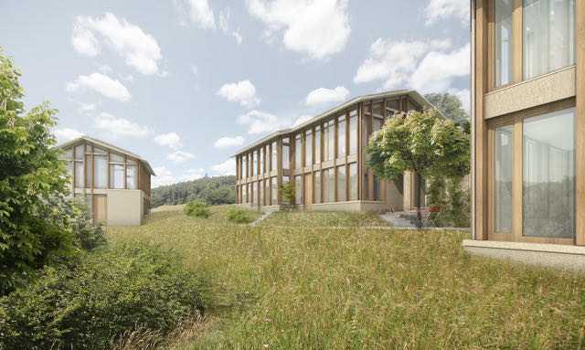 Holzarchitektur in einer grünen Umgebung