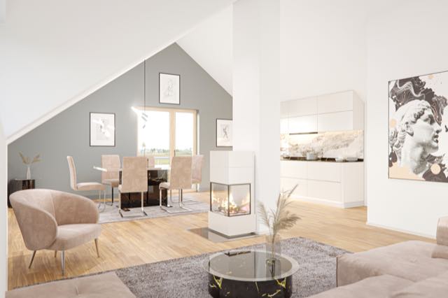 Heller Dachwohnraum mit Kamin und Essbereich
