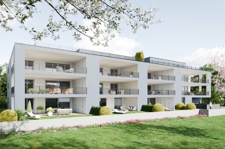 Aussenvisualisierung eines Mehrfamilienhauses mit grosszügigen Balkonen und Garten