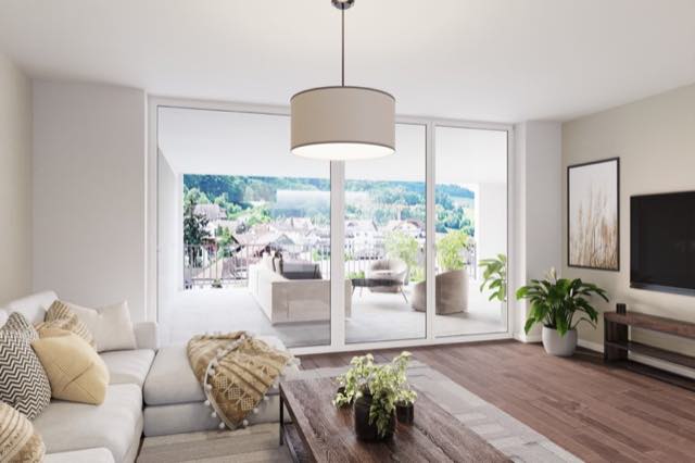 Wohnzimmer mit Blick durch grosse Fenster auf eine möblierte Terrasse