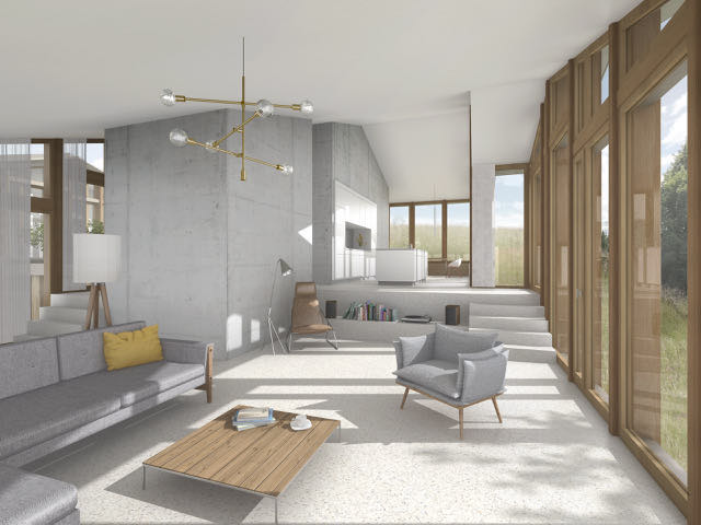 Lichtdurchfluteter Wohnraum mit Holz, Sichtbeton und versetzten Ebenen